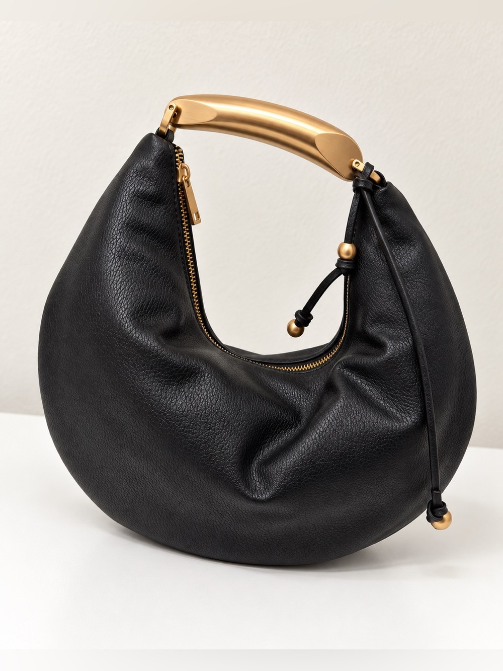 Black Crescent Hobo Bag with Gold Handle Vegan Leather